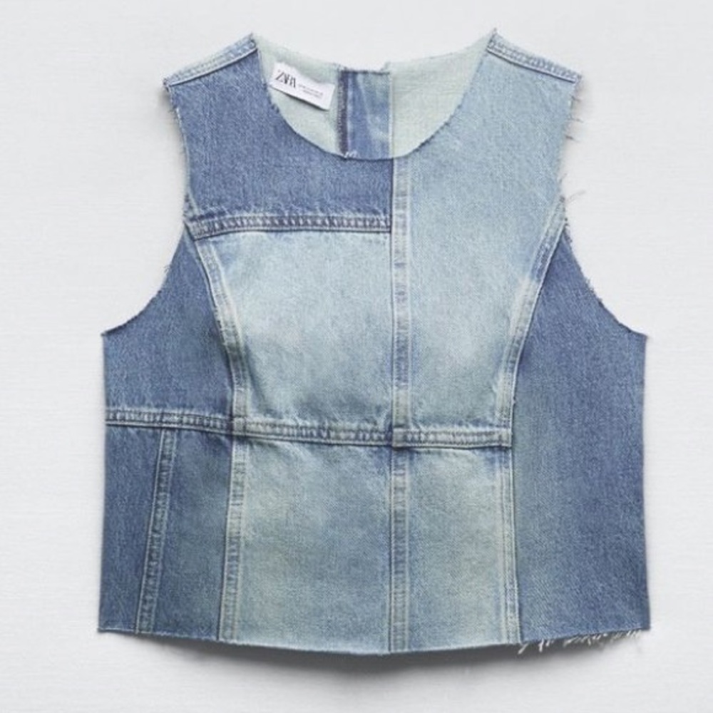 Zara denim patchwork raw hem sleeveless top - Picture 2 of 6